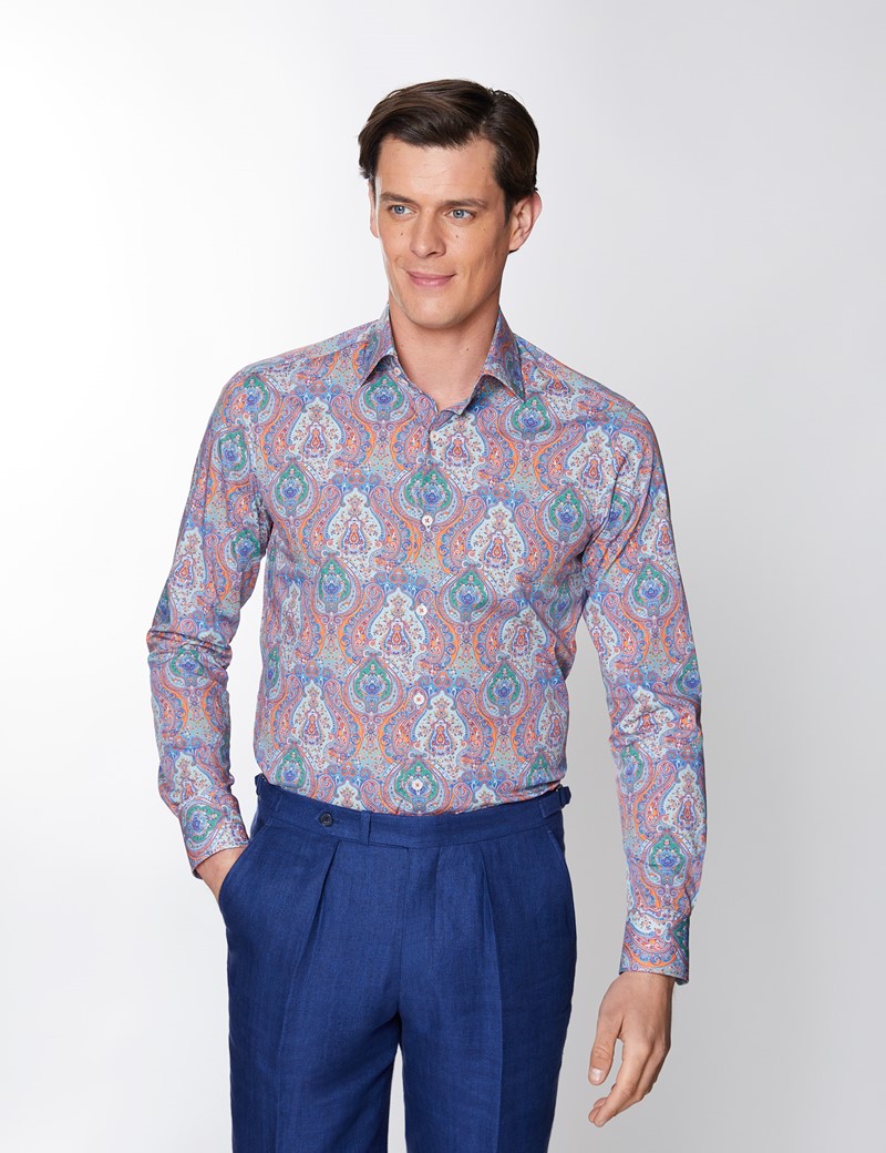 Men's Curtis Red & Orange Paisley Print Stretch Slim Fit Shirt - Medium Collar