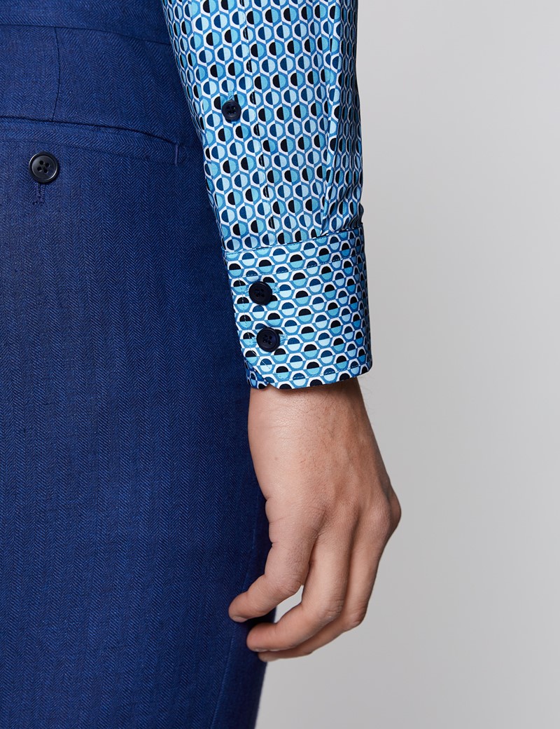 Men's Curtis Blue & Navy Geometric Print Relaxed Slim Fit Shirt – Single Cuffs 