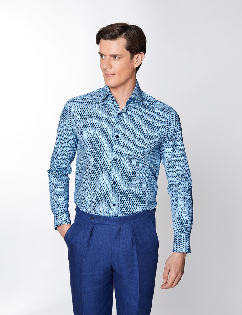 Men's Curtis Blue & Navy Geometric Print Relaxed Slim Fit Shirt – Single Cuffs 