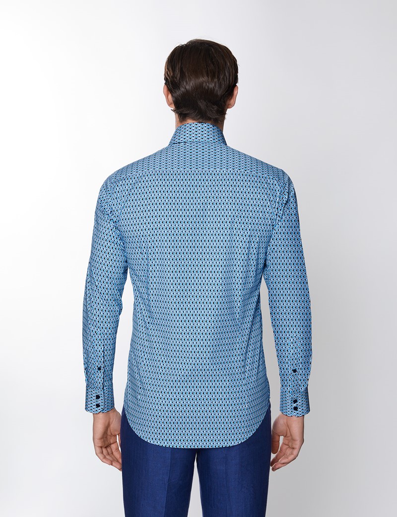Men's Curtis Blue & Navy Geometric Print Relaxed Slim Fit Shirt – Single Cuffs