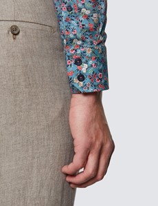 Men's Curtis Light Blue & Pink Ditsy Print Stretch Slim Fit Shirt - Medium Collar