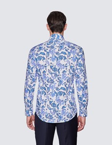 Men's Curtis White & Blue Paisley Print Relaxed Slim Fit Shirt - Low Collar