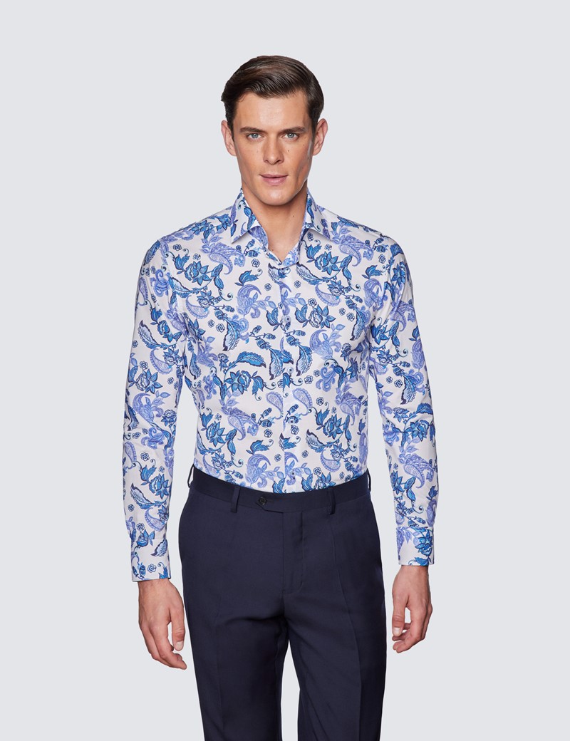 Men's Curtis White & Blue Paisley Print Relaxed Slim Fit Shirt - Low Collar