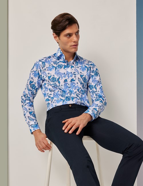 Polo Shirt for Men Button Down Snaps Soft Cotton Blue Paisley Size XS S Slim Fit