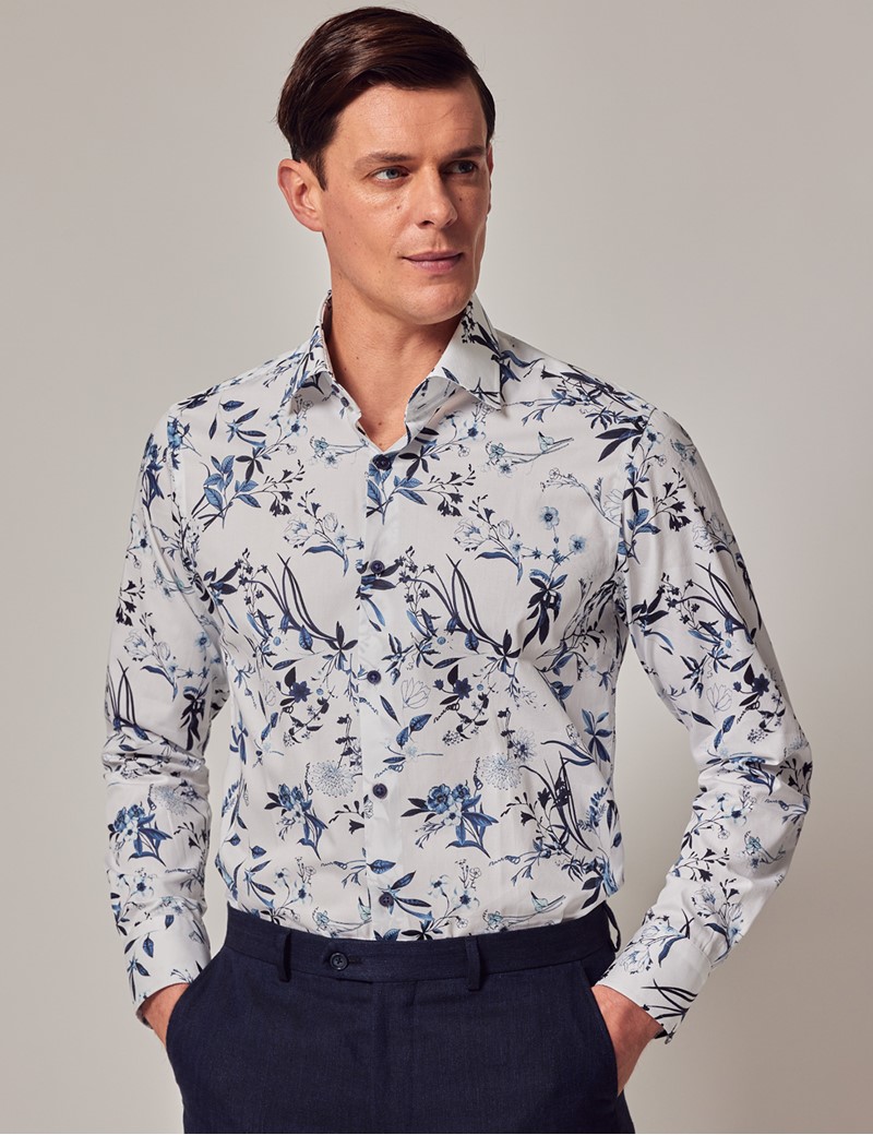 Men's White & Blue Floral Slim Diamond Weave Shirt - Mid-Collar | Hawes ...