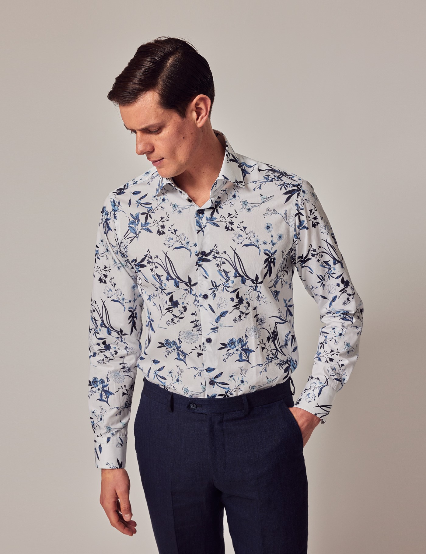 Men's Casual White & Blue Floral Slim Shirt | Hawes & Curtis