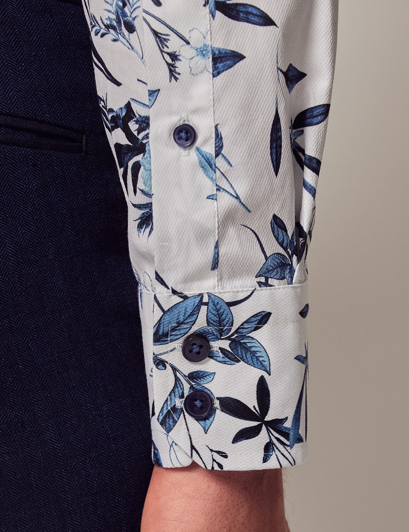 Men's White & Blue Floral Slim Diamond Weave Shirt - Mid-Collar | Hawes ...