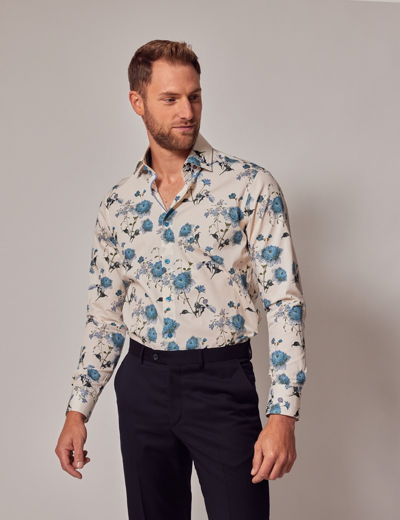 Men's Cream & Blue Floral Slim Diamond Weave Shirt - Mid-Collar | Hawes ...