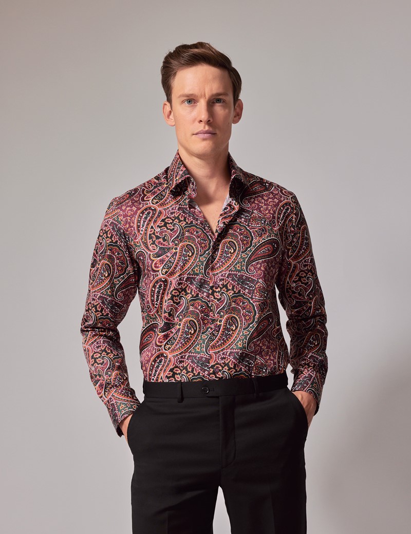 Men's Burgundy & Green Paisley Cotton Sateen Shirt - Mid-Collar | Hawes ...