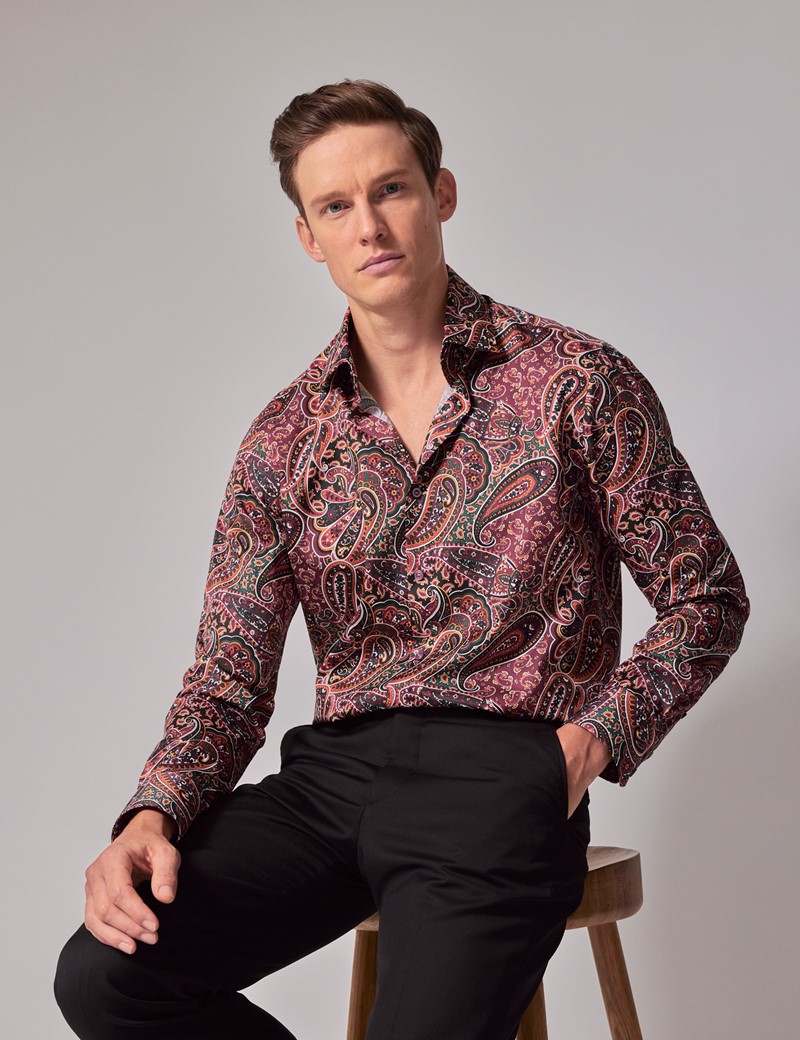 Men's Burgundy & Green Paisley Cotton Sateen Shirt - Mid-Collar | Hawes ...