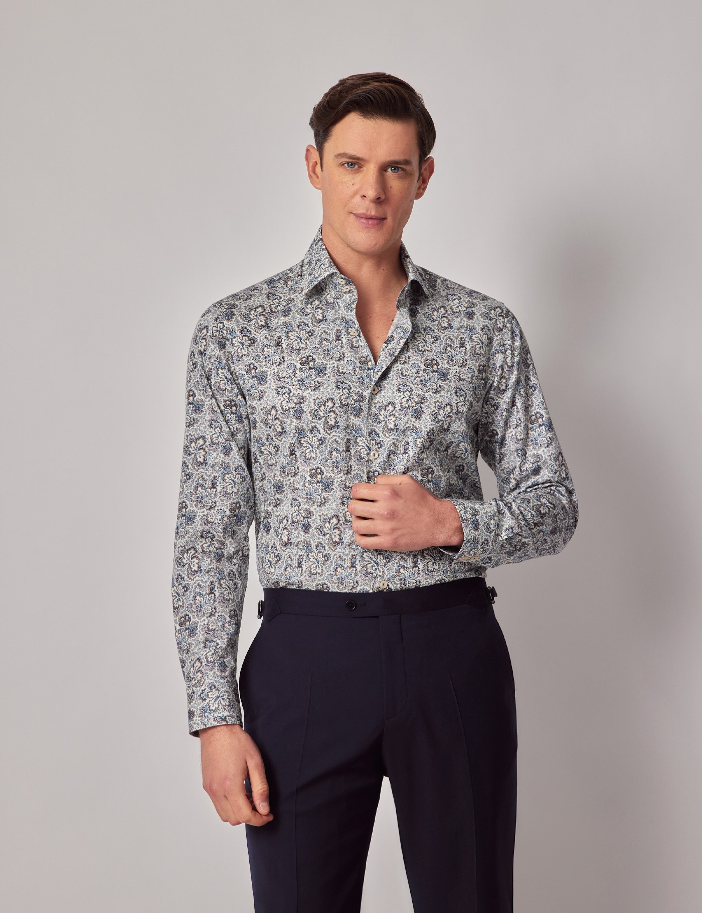 Hawes & Curtis Slim Fit Cream & Blue Floral Diamond Weave Curtis Shirt Size: XXXL image 3