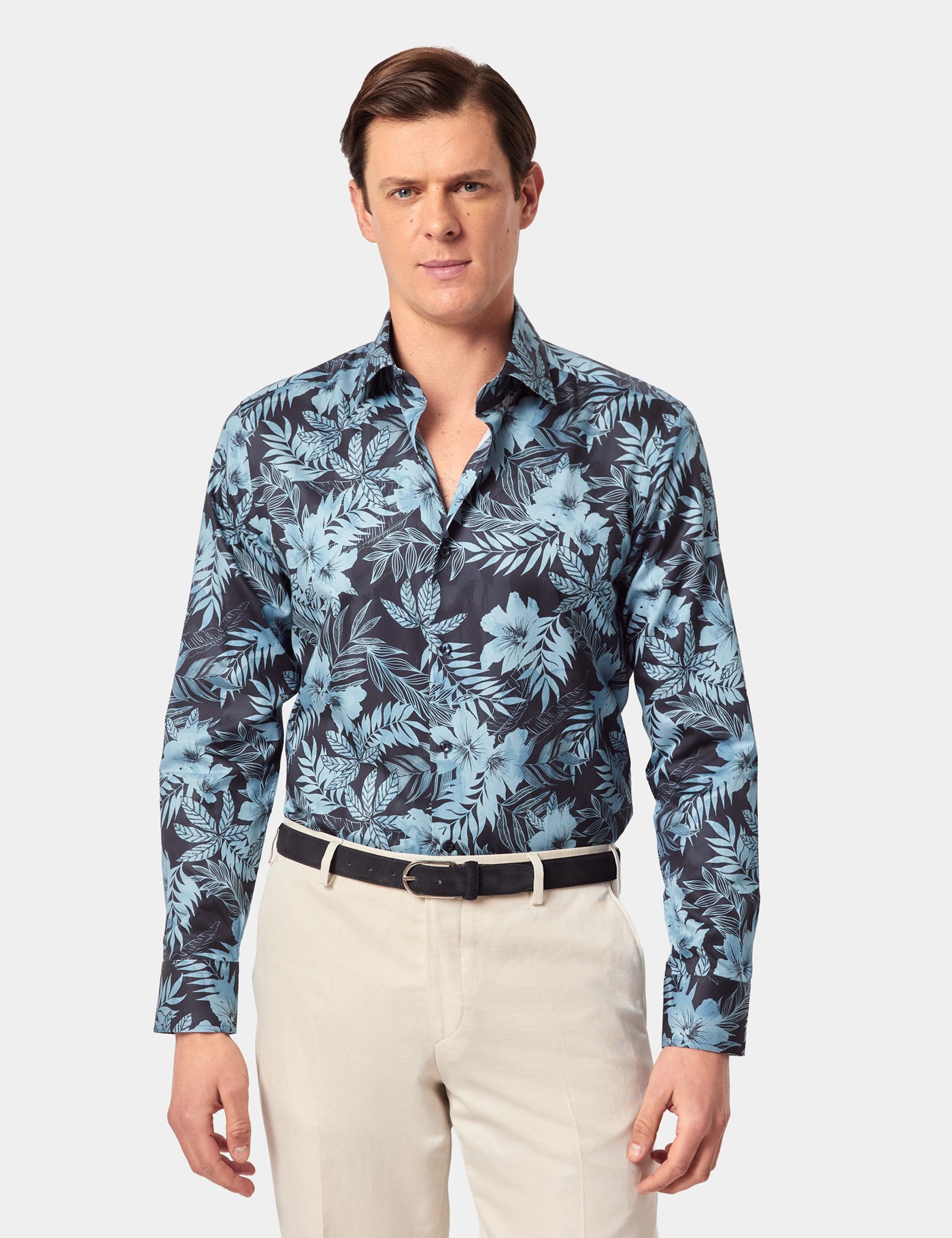 & Slim Fit & Blue Tropical Shirt