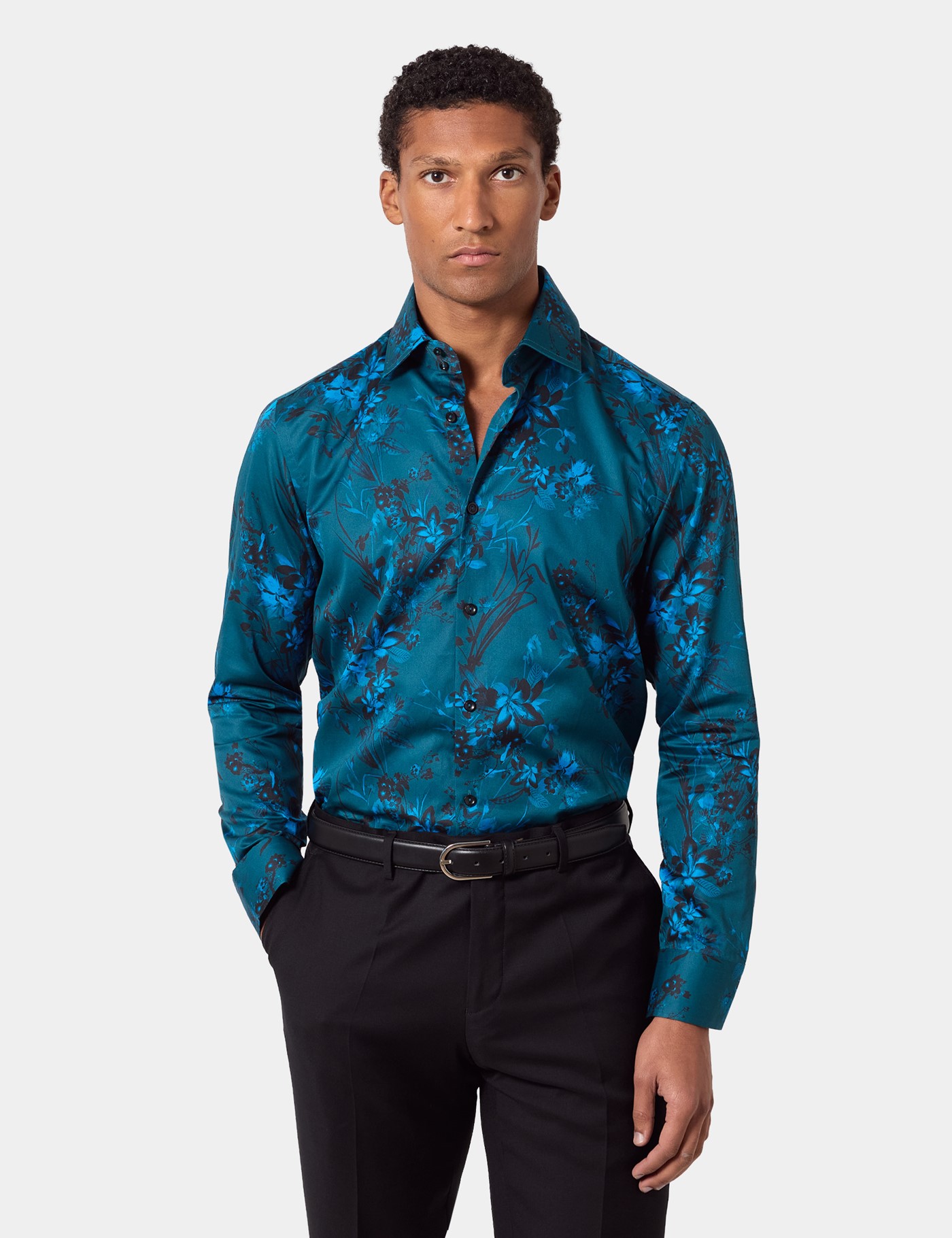 & Slim Fit Dark Green Floral Sateen Shirt Long