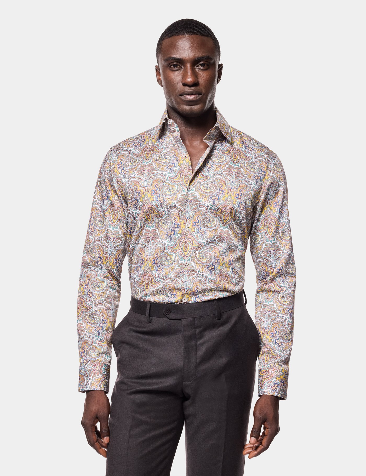 Hawes & Curtis Slim Fit White & Yellow Paisley Curtis Shirt Size: XXXL