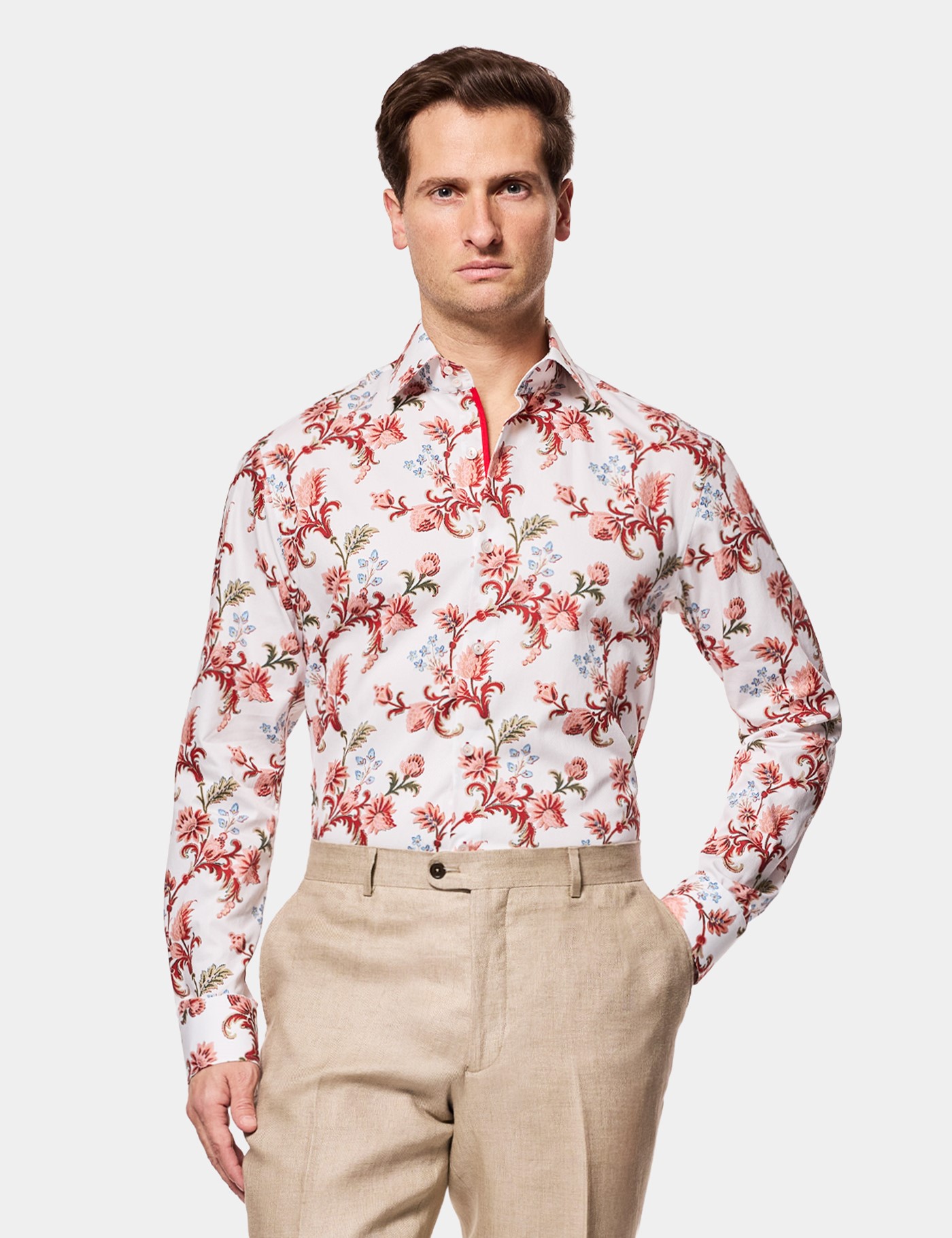 Hawes & Curtis Slim Fit White & Red Floral Diamond Weave Curtis Shirt Size: XS