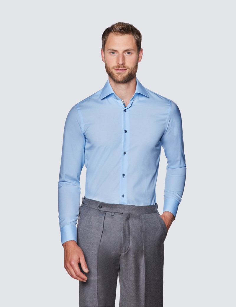 Men's Curtis Blue Slim Fit Shirt With Contrast Detail - Low Collar