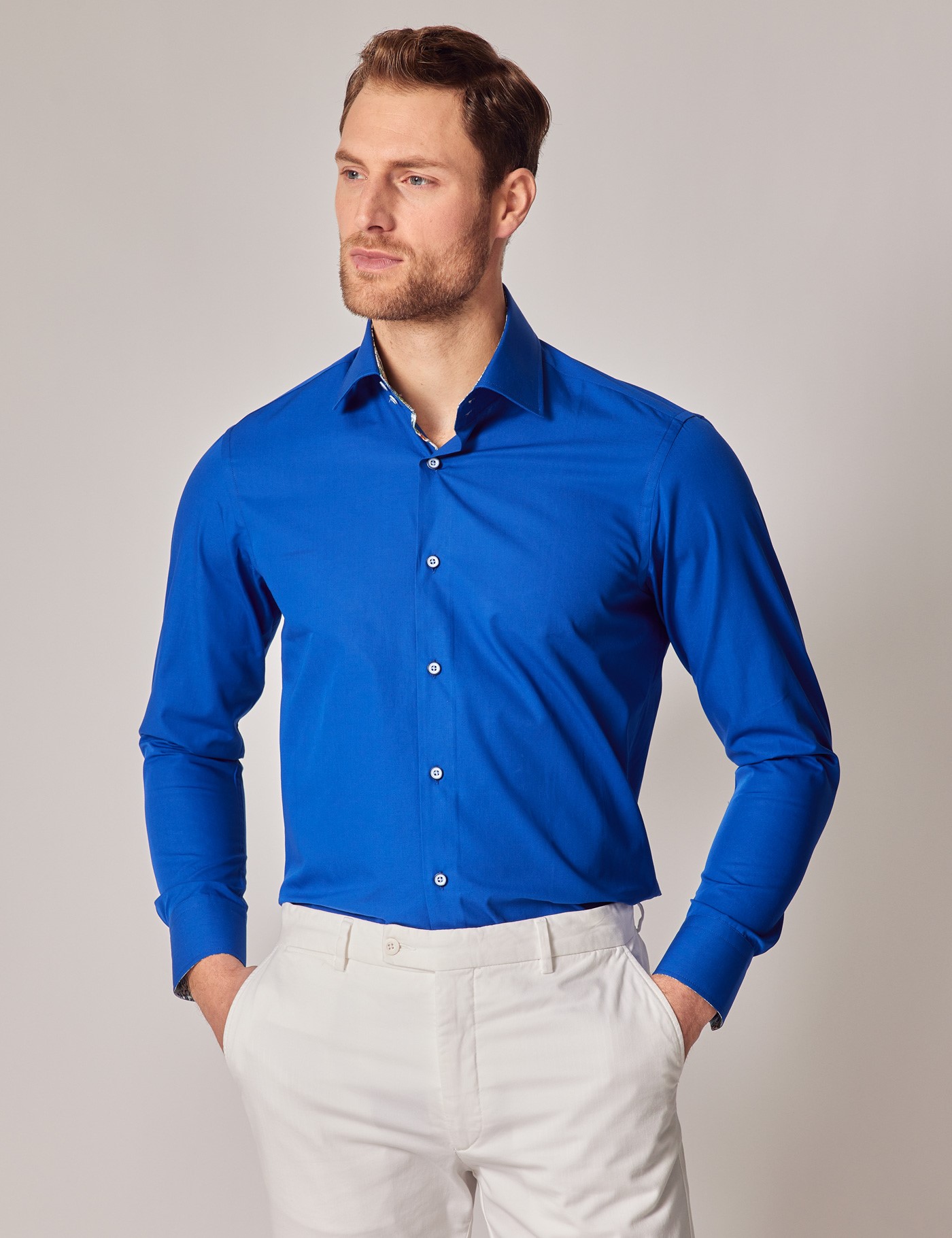 Casual Royal Blue Slim Shirt - Contrast Detail