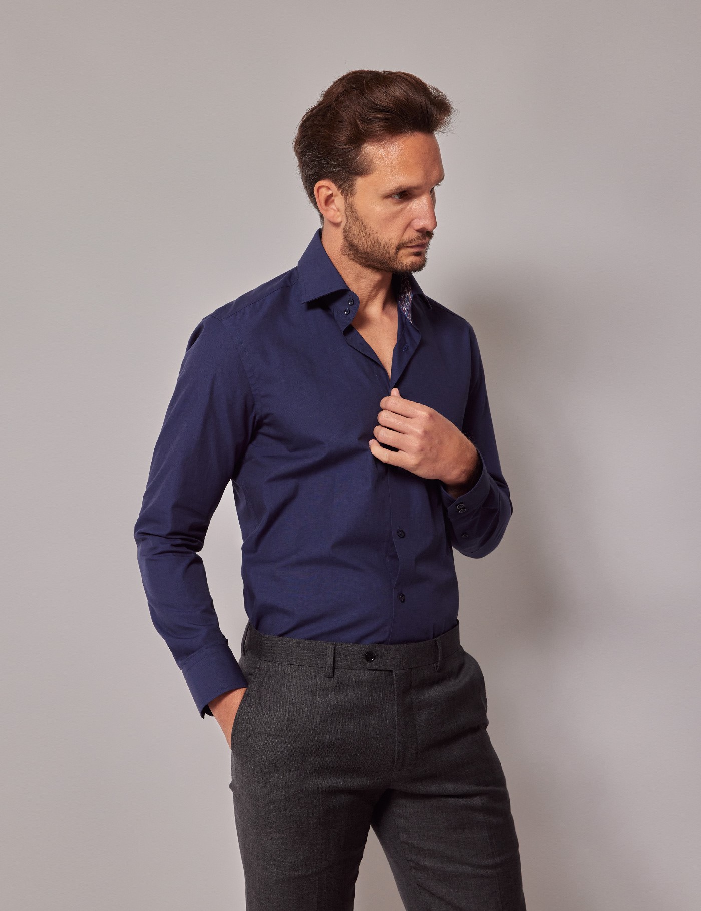 Hawes & Curtis Navy Slim Shirt - Contrast Detail - Mid-Collar