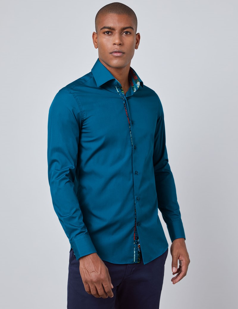 Men's Curtis Dark Turquoise Cotton Poplin Slim Fit Shirt With Contrast ...
