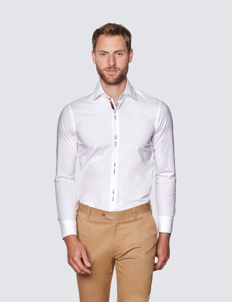 Men's Curtis White Cotton Stretch Shirt With Contrast Detail – Low Collar