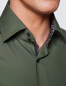 Men's Curtis Khaki Cotton Stretch Shirt With Contrast Detail – Low Collar