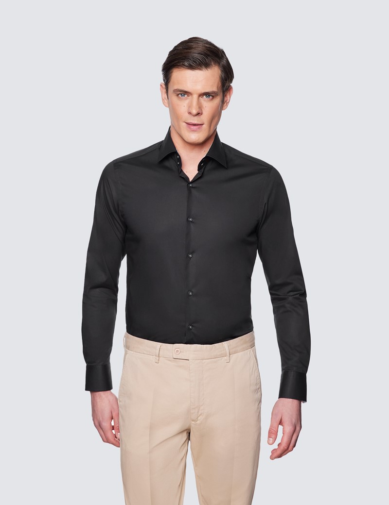 Men's Curtis Black Cotton Stretch Relaxed Slim Fit Shirt With Contrast Detail – Low Collar