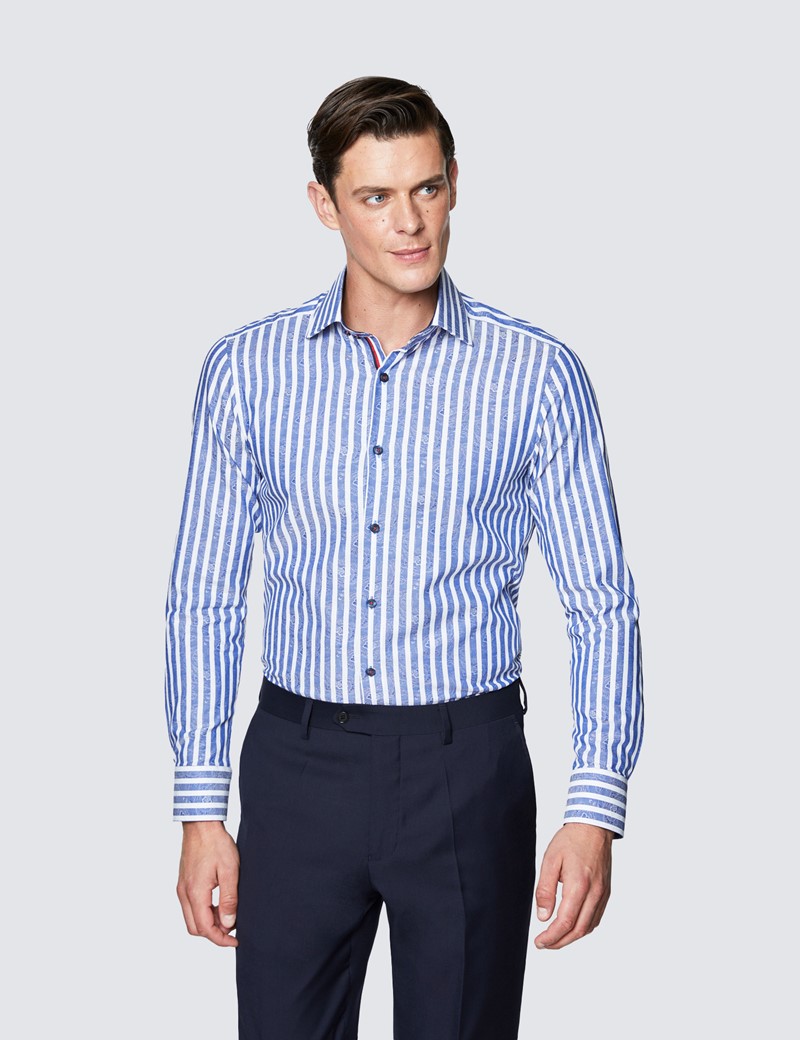 Men's Curtis Blue and White Stripe Slim Fit Cotton Shirt - Low Collar 