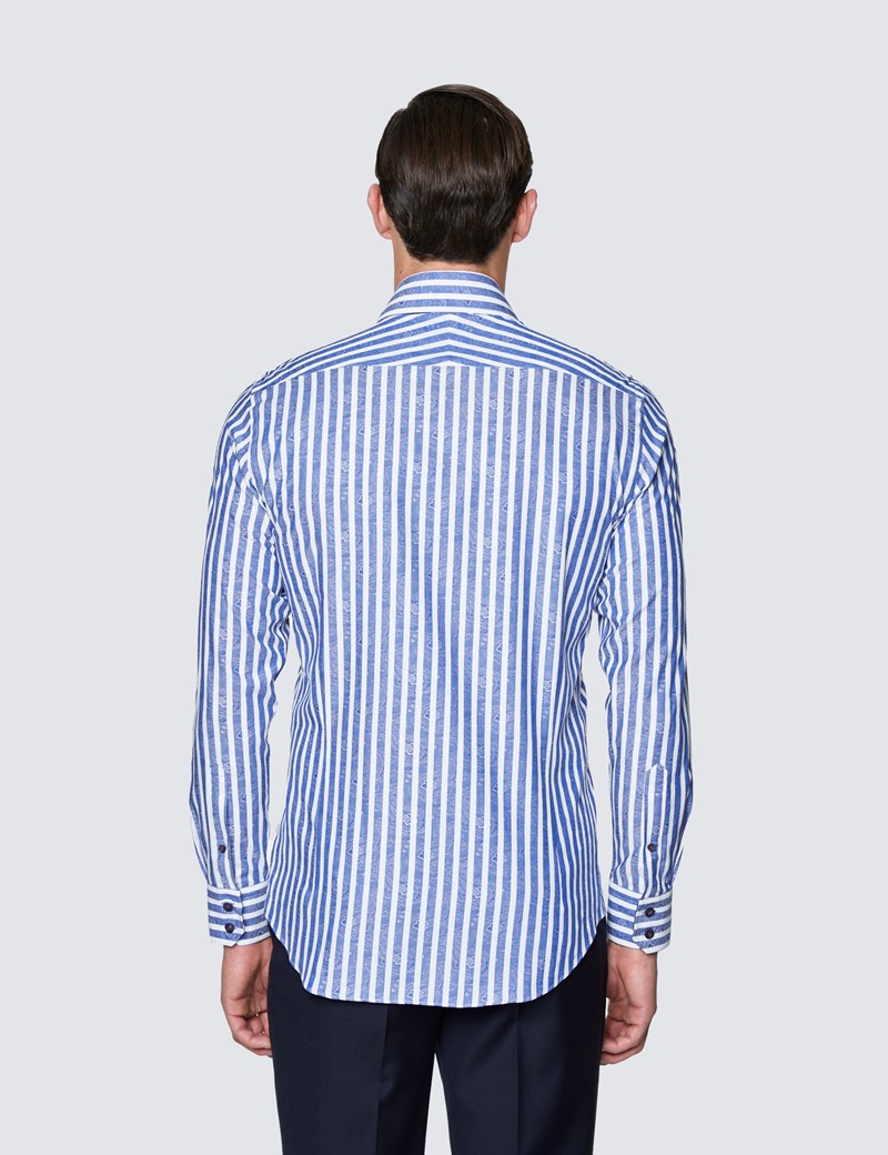Men's Curtis Blue and White Stripe Slim Fit Cotton Shirt - Low Collar 