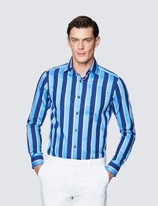 Men's Curtis Blue and Navy Stripe Slim Fit Cotton Shirt - Low Collar 