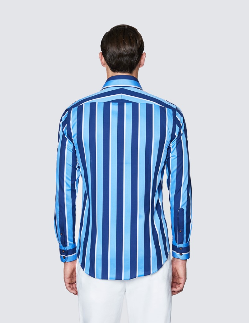 Men's Curtis Blue and Navy Stripe Slim Fit Cotton Shirt - Low Collar 