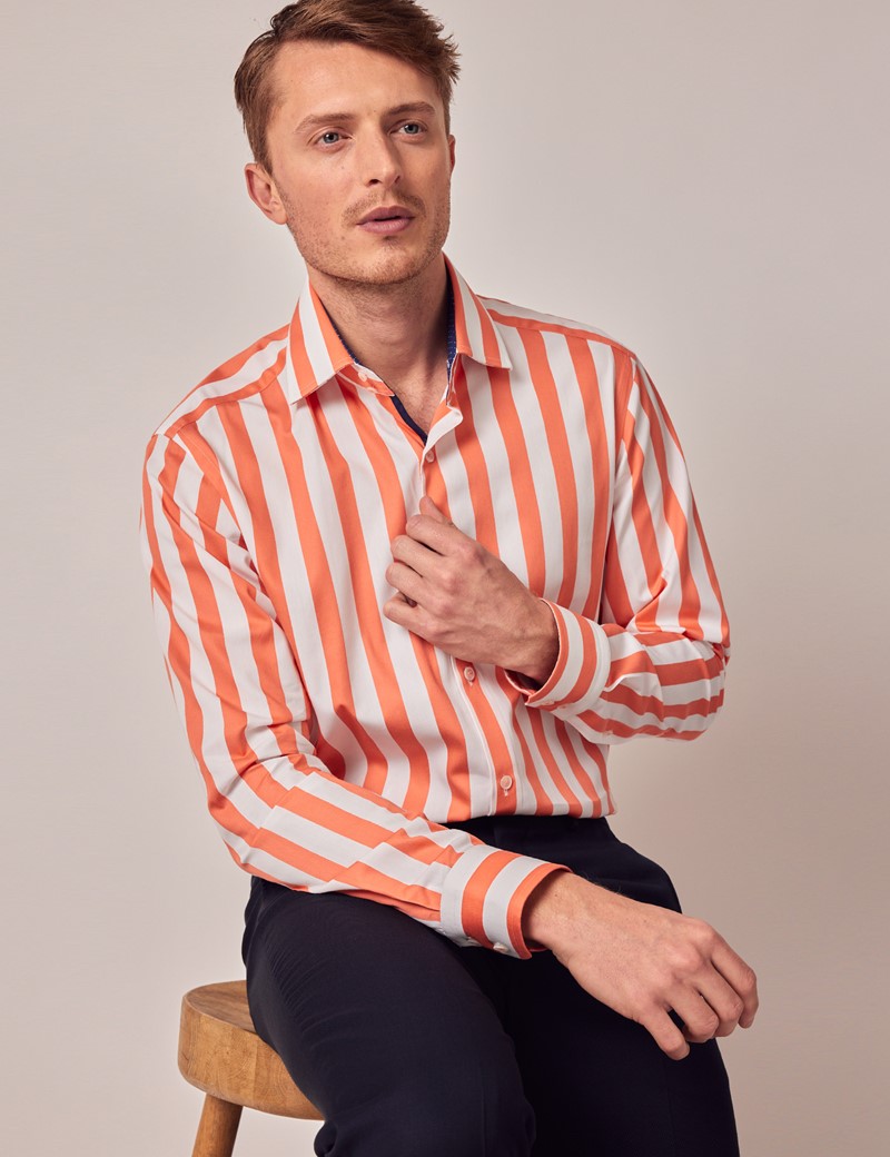 White & Orange Stripe Slim Shirt With Contrast Detail | Hawes & Curtis