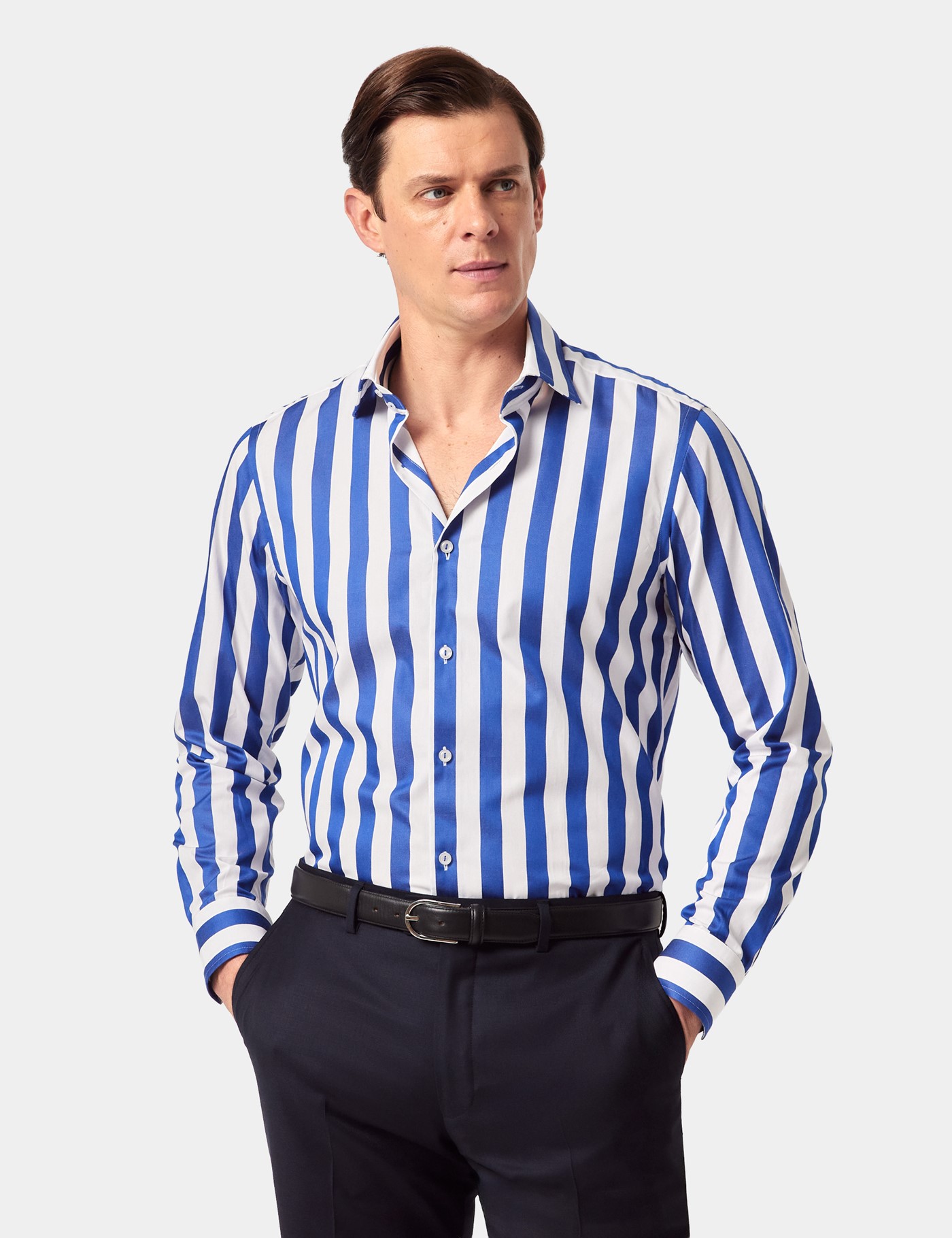 & Slim Fit Navy & Wide Stripe Shirt