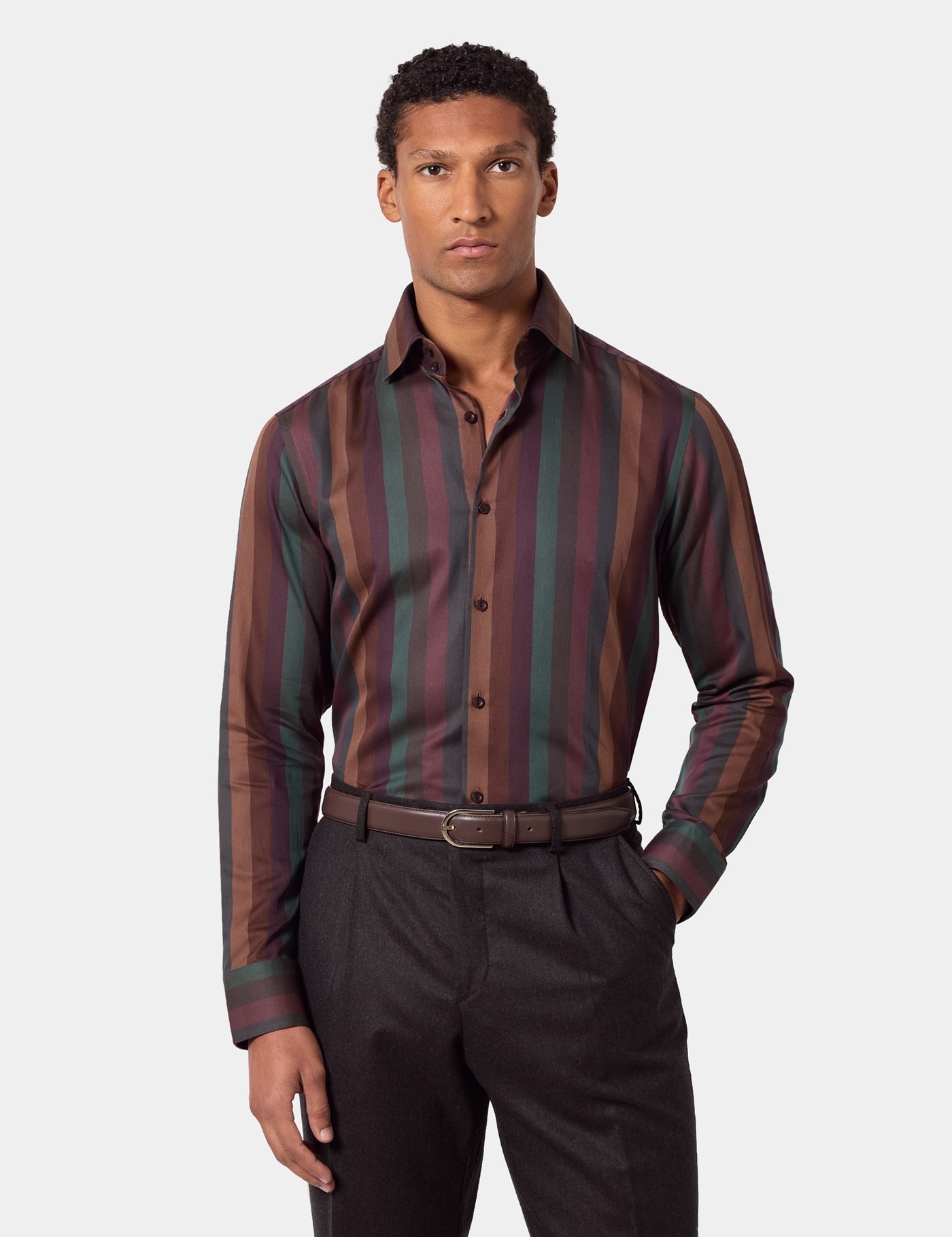 & Slim Fit Wine & Stripe Shirt