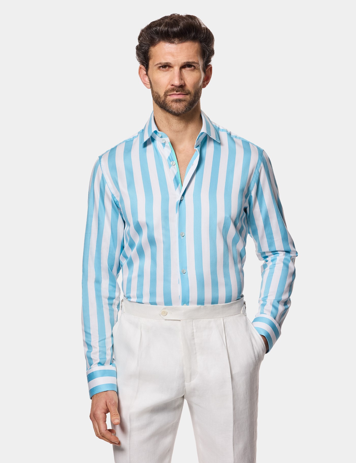 & Slim Fit Blue & Bengal Stripe Shirt Long
