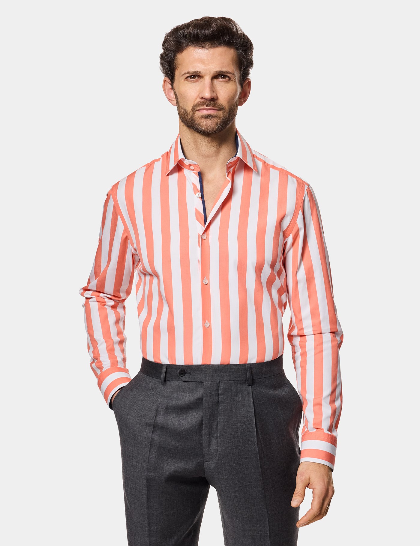 & Slim Fit Orange & Bengal Stripe Shirt Long