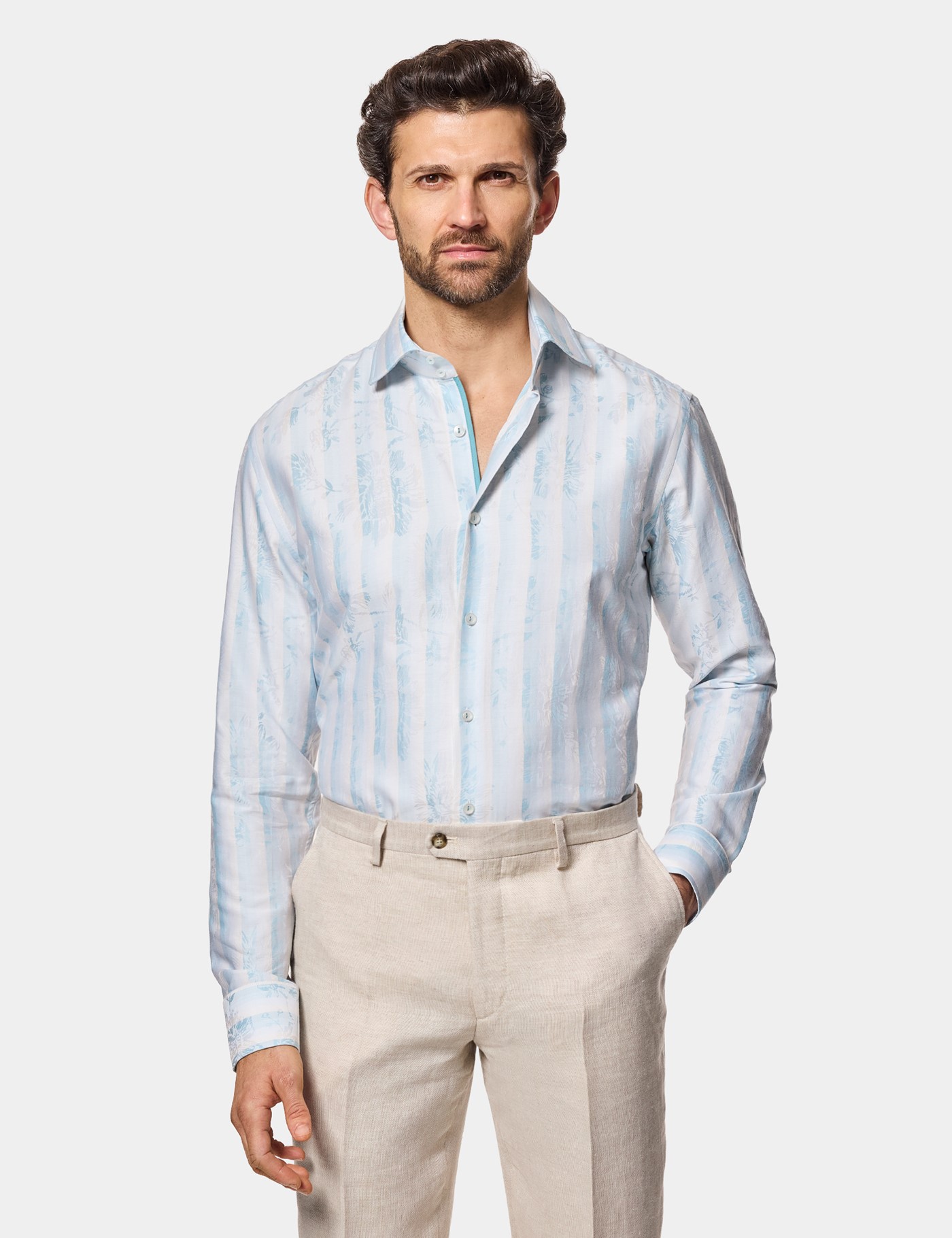 & Slim Fit White & Light Blue Jacquard Stripe Shirt Long