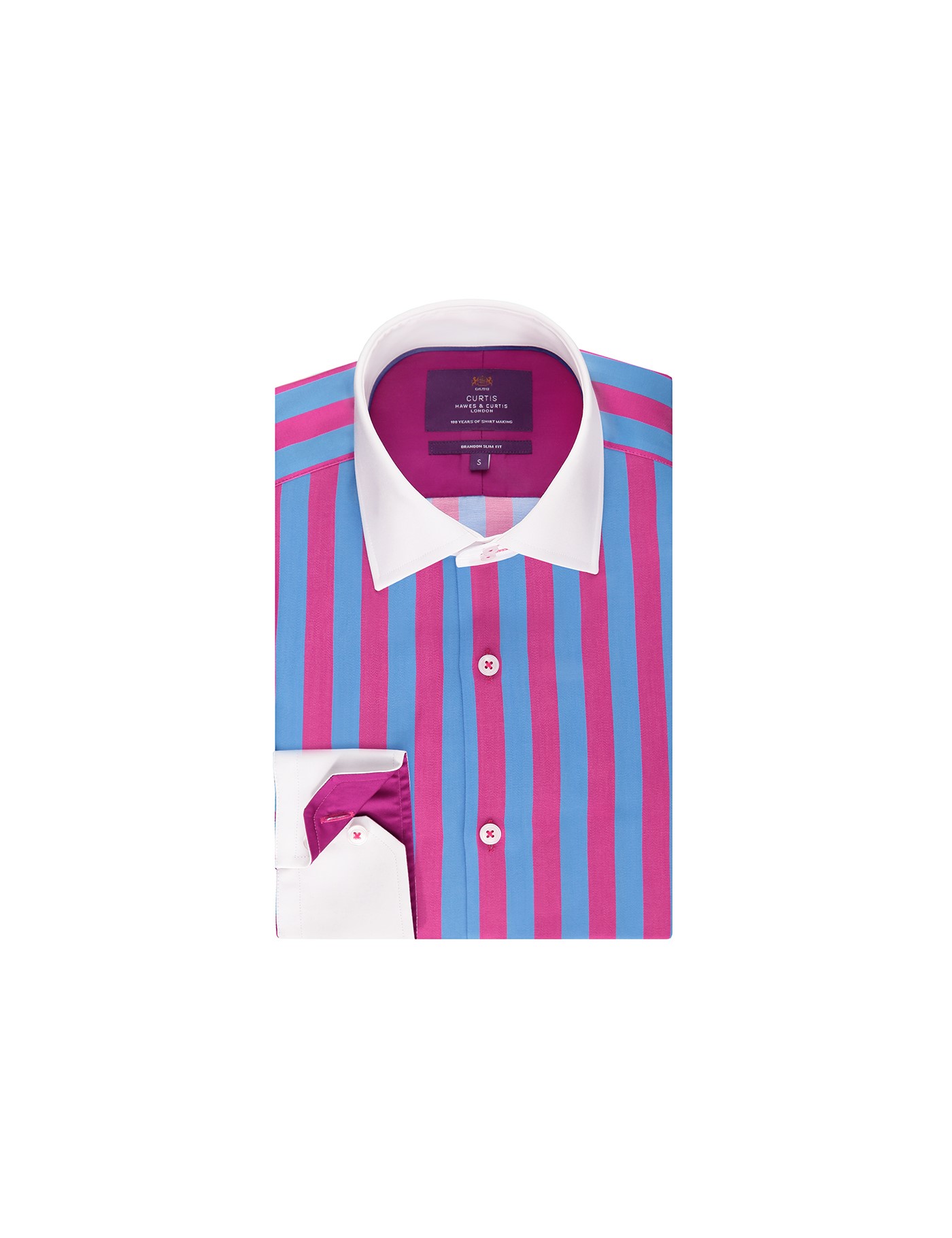 Men's Curtis Pink & Blue Stripe Slim Fit Shirt With White Collar & Cuff - Single Cuff | Hawes 