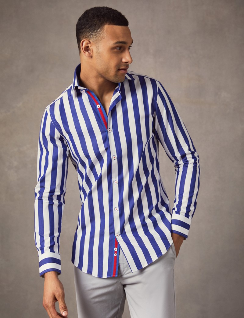 Men's Curtis Navy & White Bengal Stripe Slim Fit Shirt - Single Cuff ...