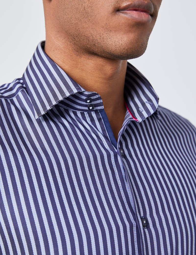 Men's Curtis Blue & Navy Bengal Stripe Slim Fit Shirt - Single Cuff ...