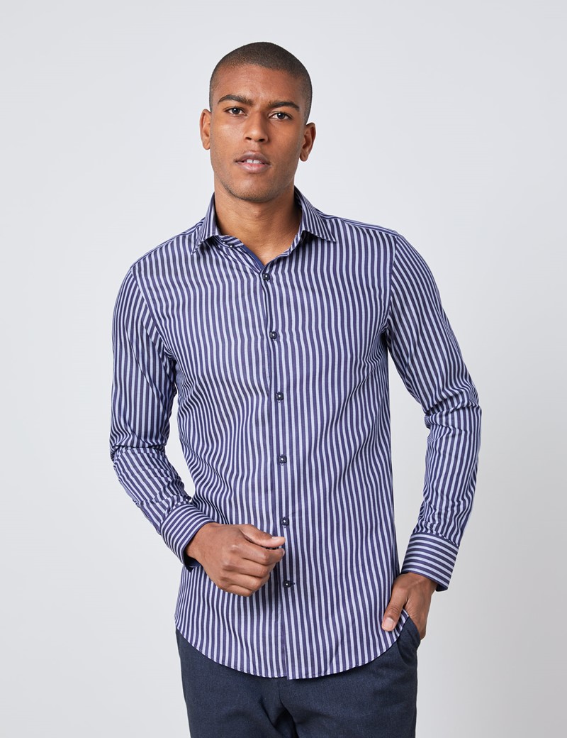 Men's Curtis Blue & Navy Bengal Stripe Slim Fit Shirt - Single Cuff ...