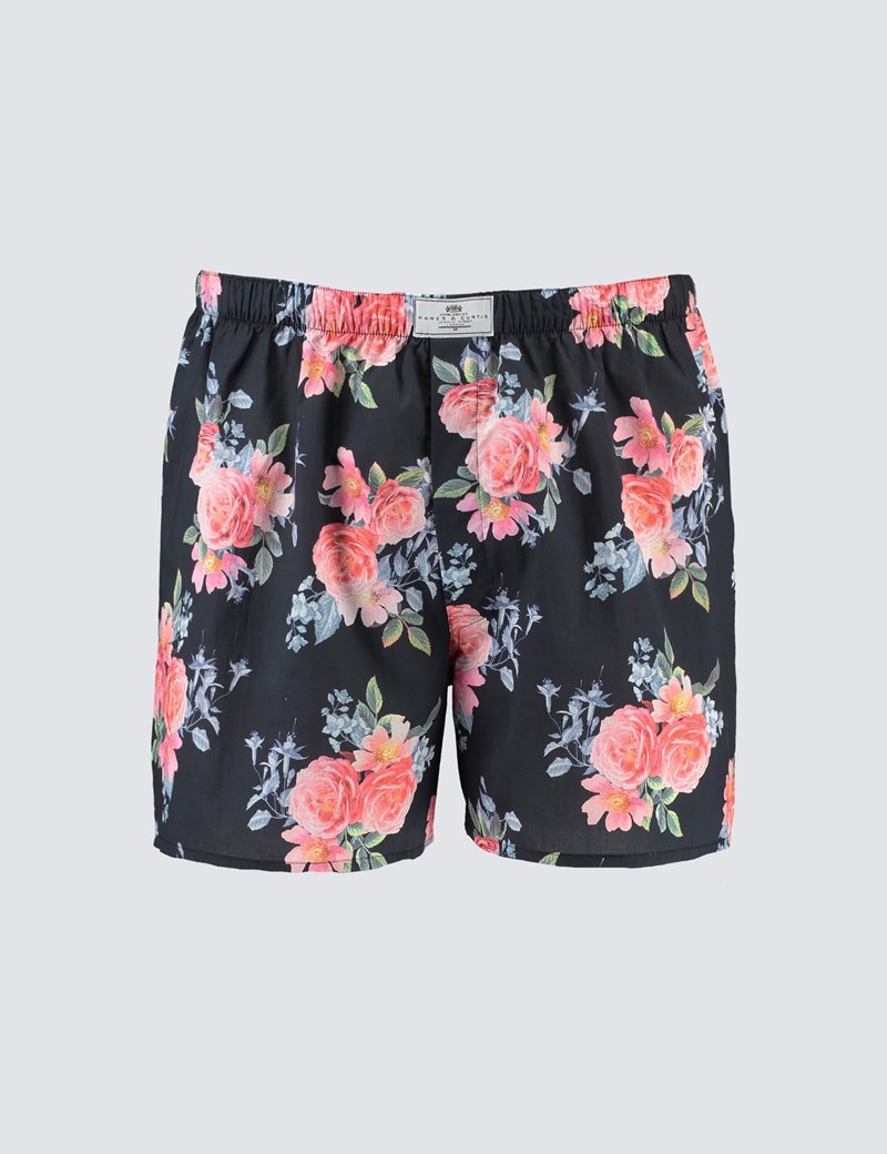 Men's Black & Pink Big Rose Cotton Boxer Shorts Hawes & Curtis