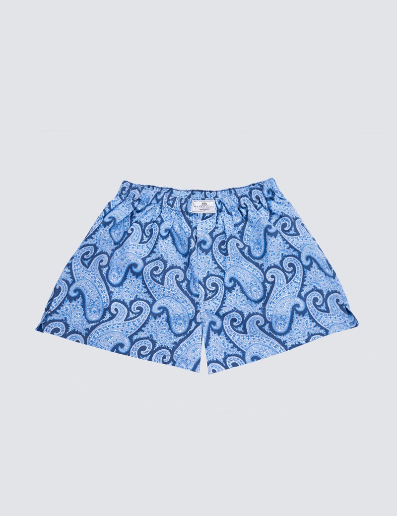 Men's Navy & Blue Paisley Print Cotton Boxer Shorts