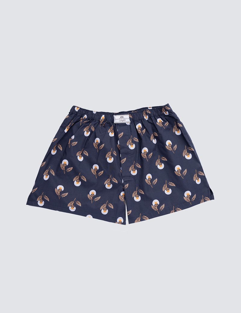 Men's Navy & Orange Floral Print Cotton Boxer Shorts