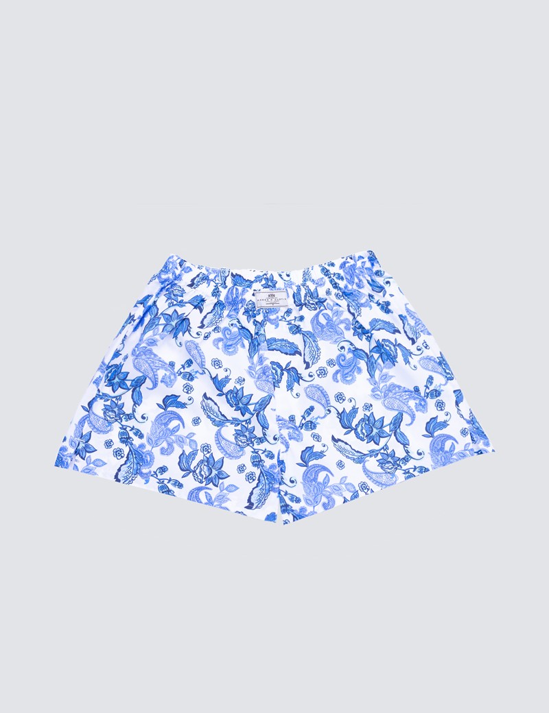Men's White & Blue Paisley Print Cotton Boxer Shorts