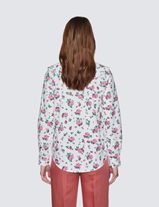 White & Pink Roses Print Boutique Shirt With Frill Neck
