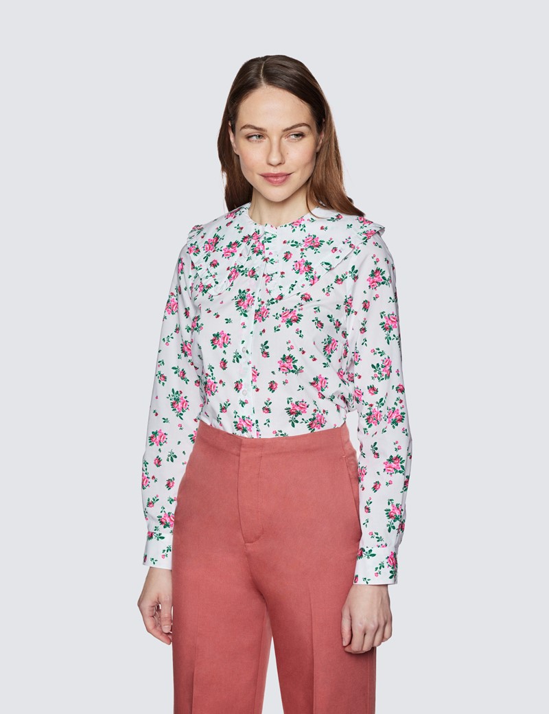 White & Pink Roses Print Boutique Shirt With Frill Neck