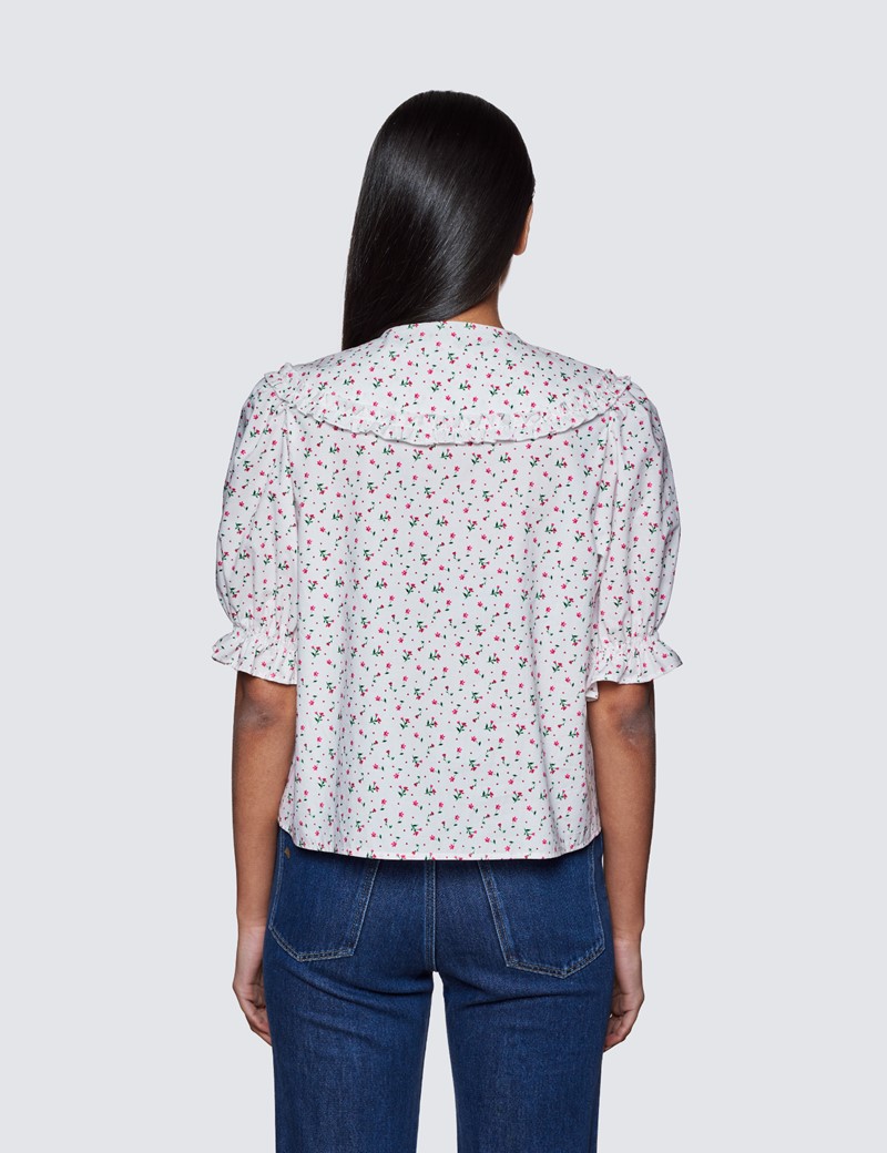 White & Pink Floral Boutique Shirt - Short Sleeves 
