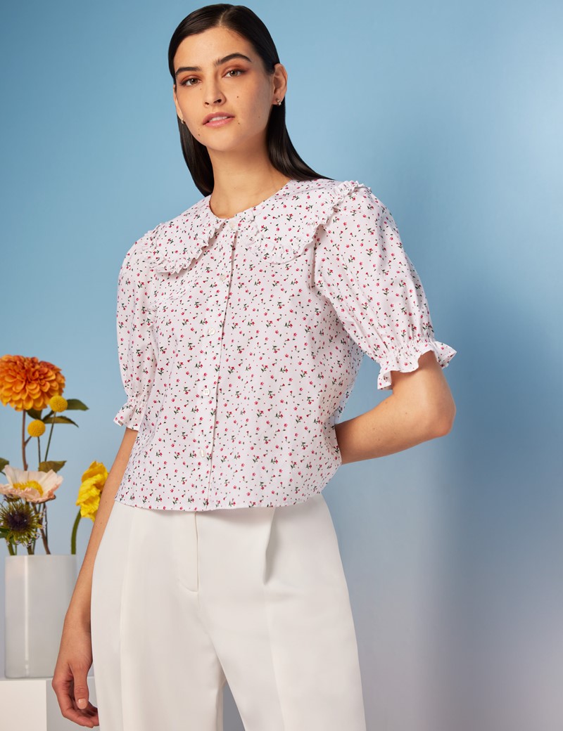 White & Pink Floral Boutique Shirt - Short Sleeves 