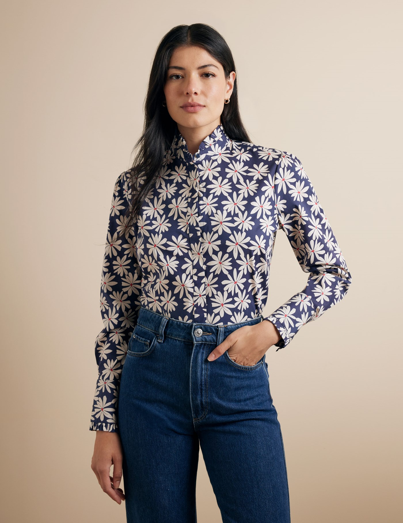 Hawes & Curtis Semi-Fitted Navy & White Floral Frill Boutique Shirt Size: 4 (UK 6)