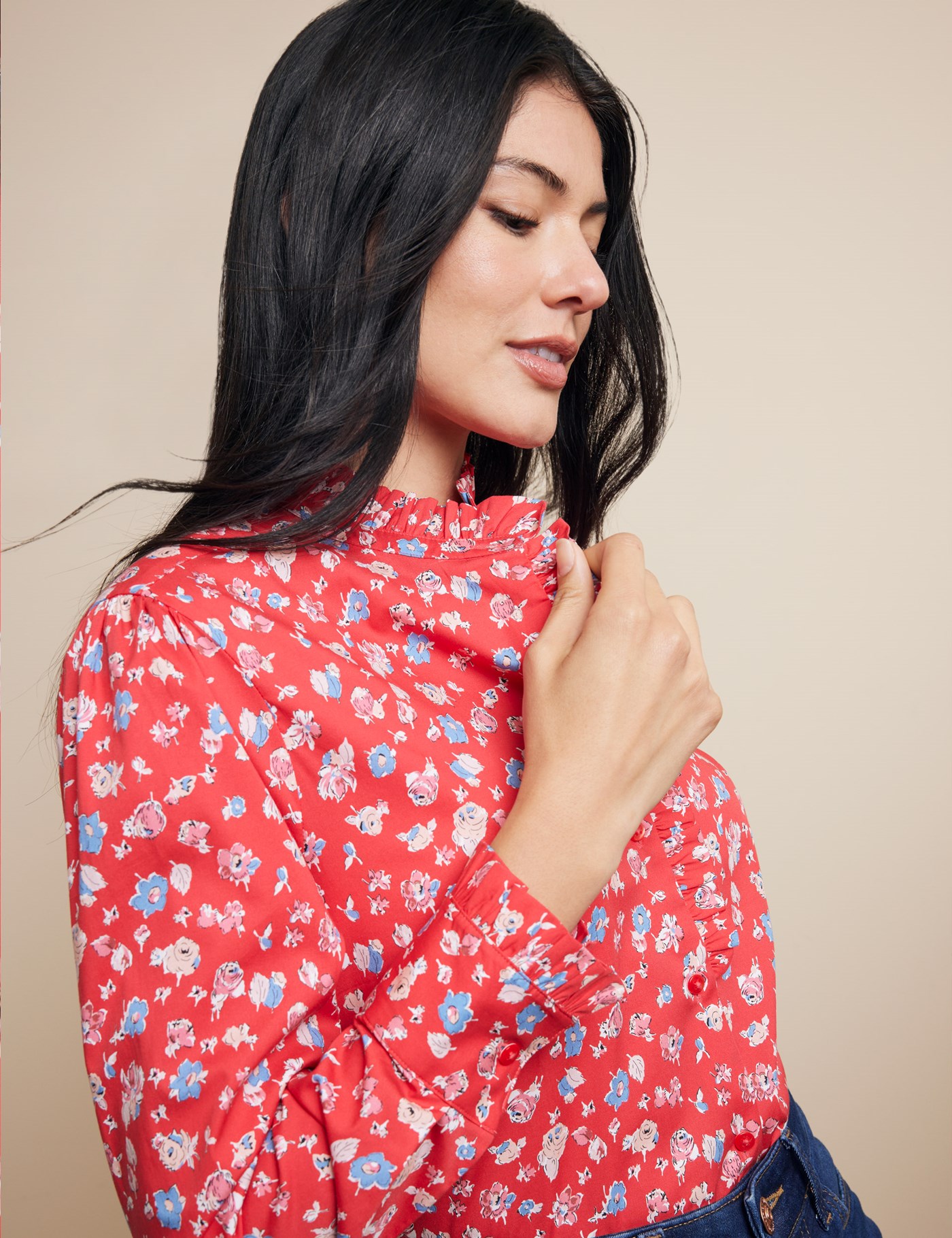 Hawes & Curtis Semi-Fitted Red & Blue Floral Frill Boutique Shirt Size: 10 (UK 12)